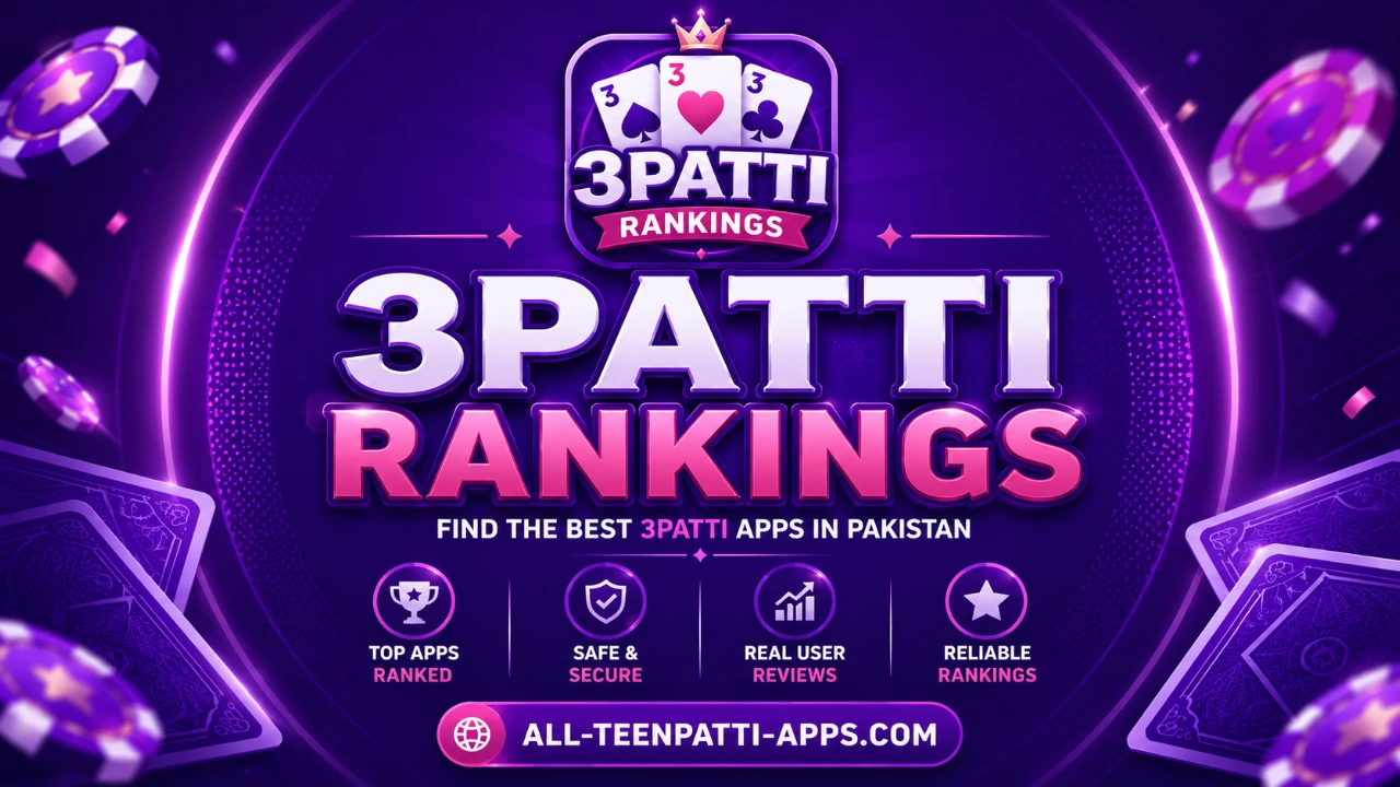 All Teen Patti Apps neon leaderboard banner highlighting Teen Patti-style Android ranks, glowing download CTAs, and compact PK-facing directory chrome